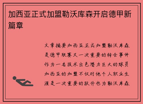 加西亚正式加盟勒沃库森开启德甲新篇章